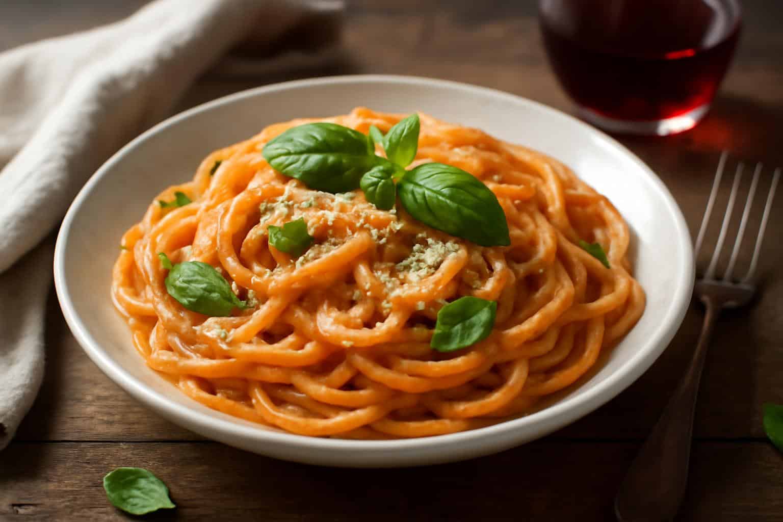 Creamy garlic tomato pasta dinner garnished with basil and Parmesan cheese