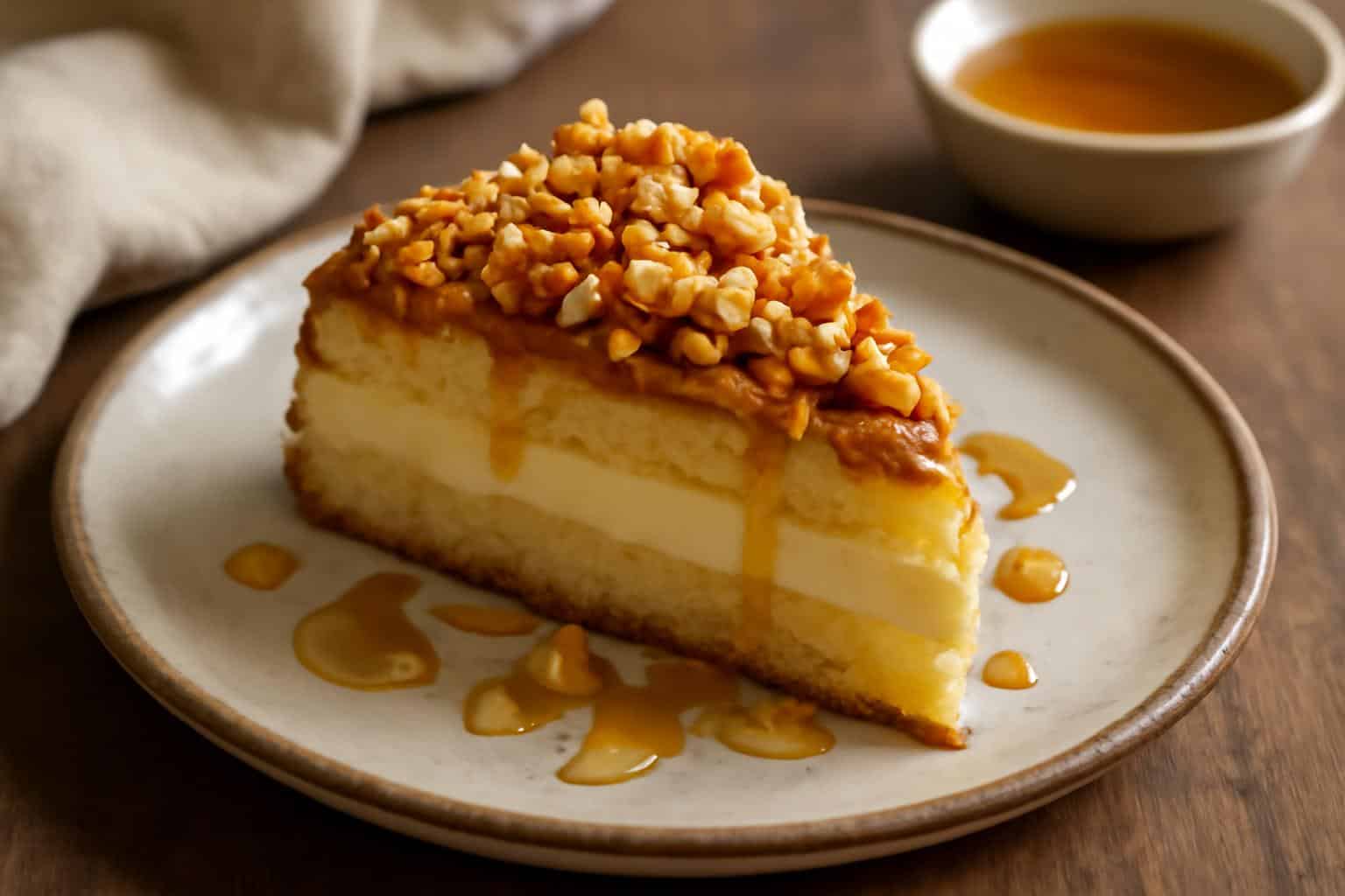 Creamy German bee sting cake slice topped with honey and toasted almonds