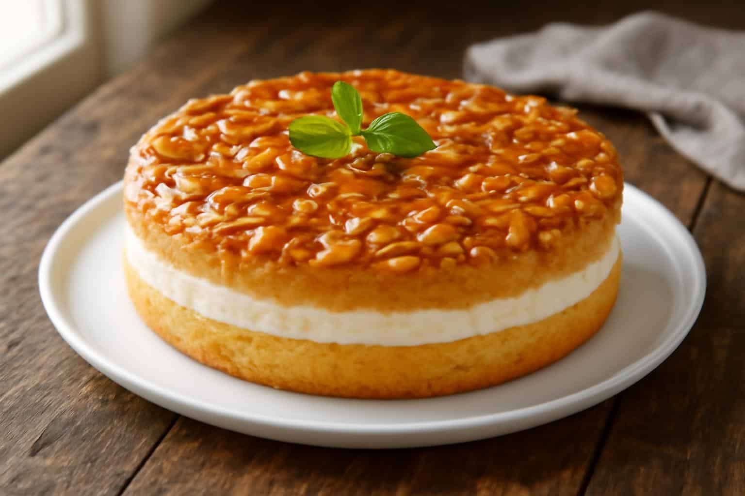 Creamy German bee sting cake topped with honey caramel and toasted nuts on a white plate