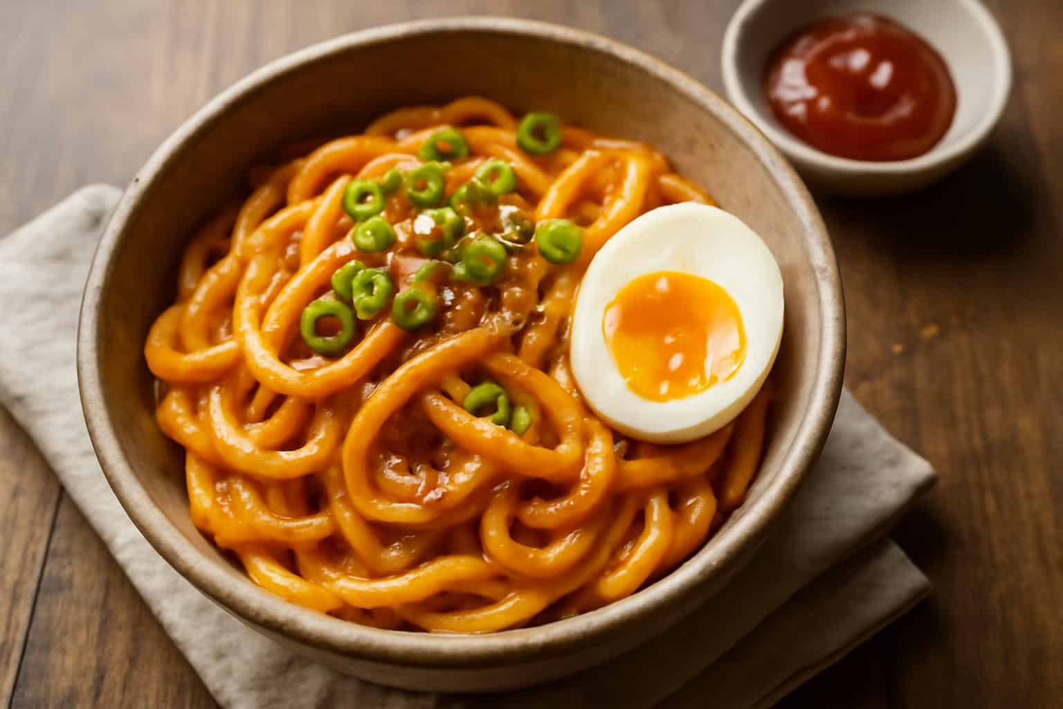 Creamy gochujang udon noodles garnished with green onions and sesame seeds in a rustic bowl