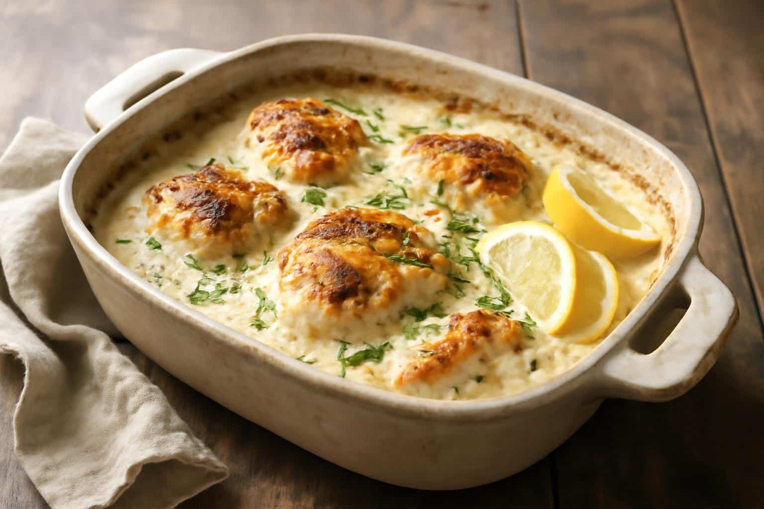 Creamy Greek chicken casserole baked golden with fresh dill garnish on rustic dish