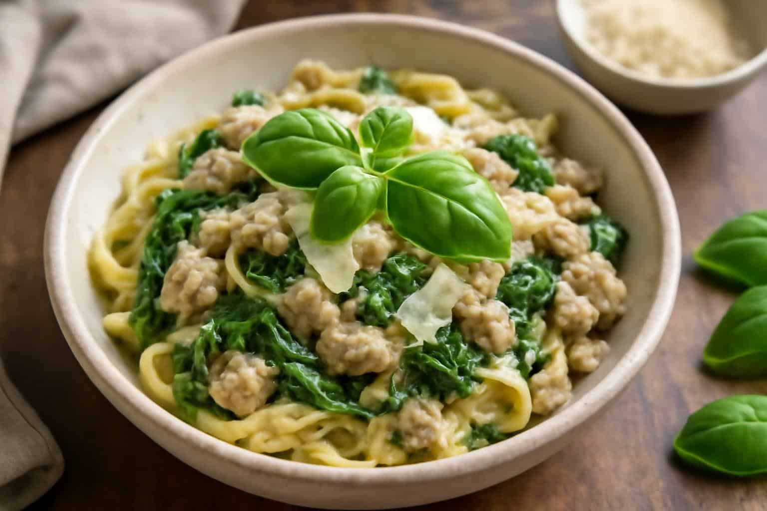 Creamy ground turkey pasta with spinach garnished with Parmesan and fresh basil