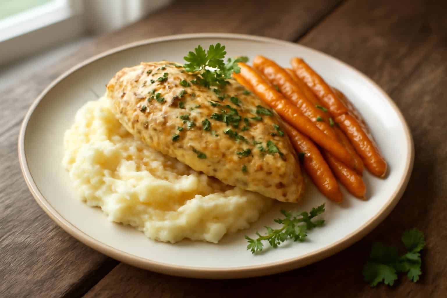 Creamy herb chicken served with mashed potatoes and glazed carrots, a comforting and delicious meal