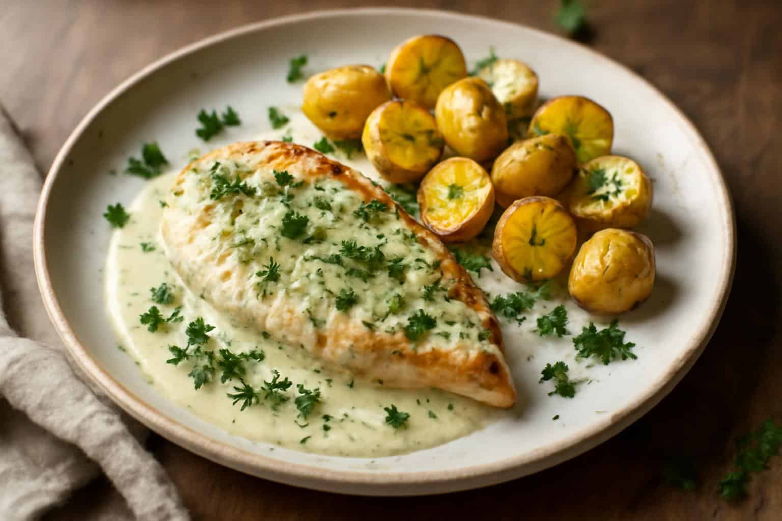 Creamy herb chicken with roasted potatoes garnished with fresh herbs on a rustic plate