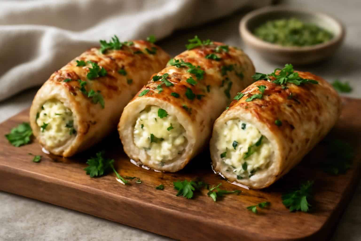 Creamy herbed ricotta chicken rolls baked golden with fresh parsley garnish