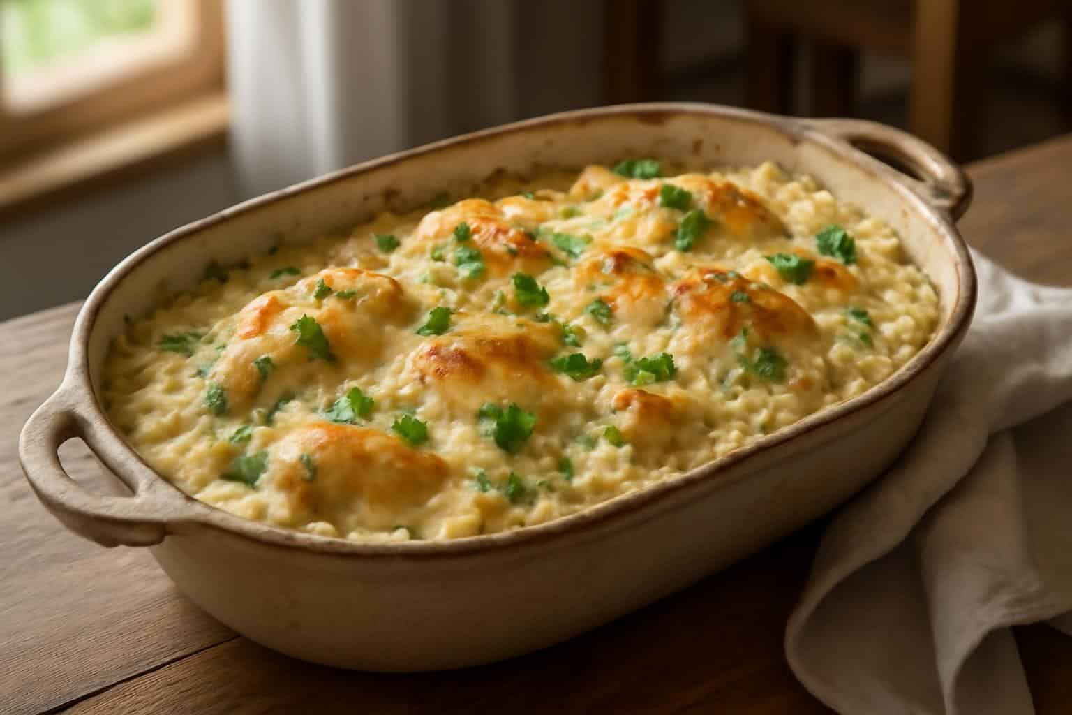 Creamy angel chicken casserole with golden cheese topping garnished with parsley