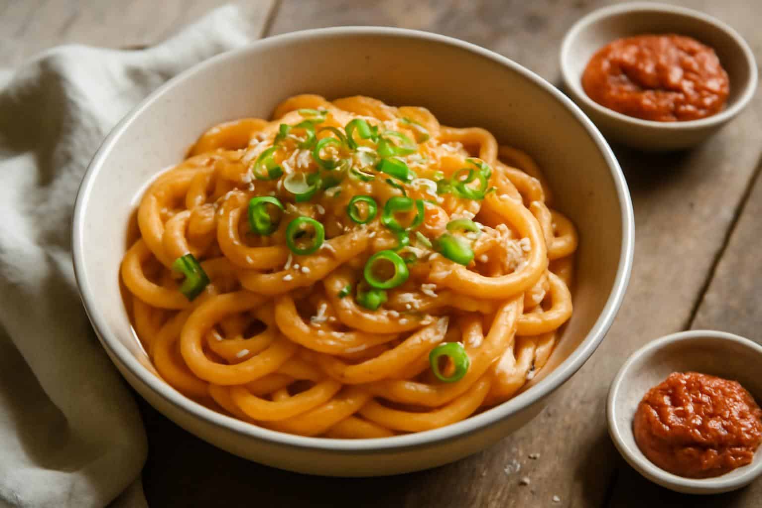 Creamy Korean ssamjang pasta with spicy kick garnished with scallions and sesame seeds