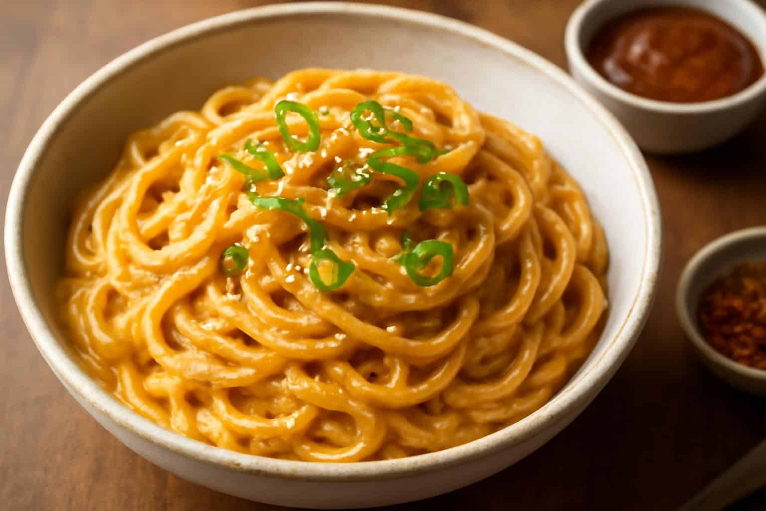 Creamy Korean ssamjang pasta with spicy kick garnished with sesame seeds and scallions