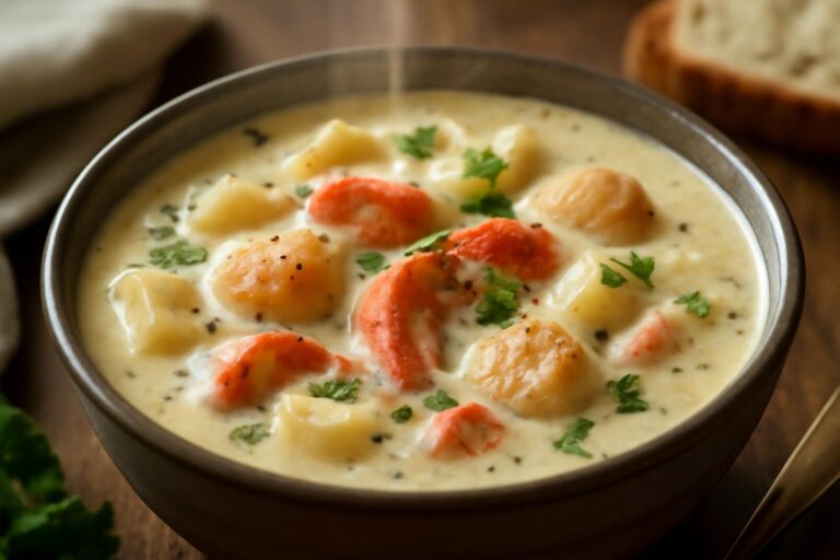Creamy lobster scallop chowder in a bowl garnished with parsley and pepper