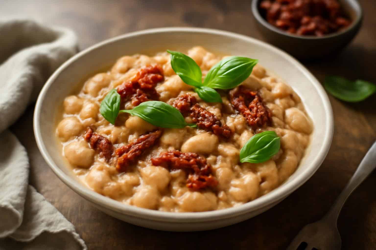 Creamy one pot sundried tomato white beans garnished with fresh basil leaves