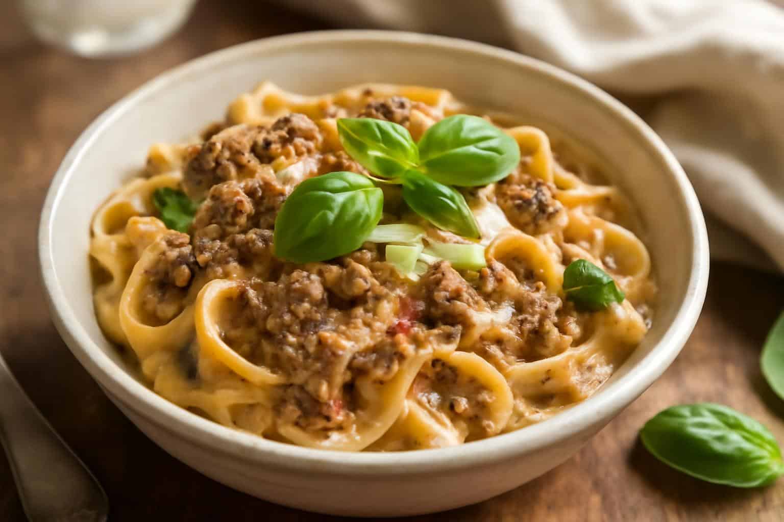 Creamy Tuscan ground beef pasta in a bowl garnished with basil and Parmesan