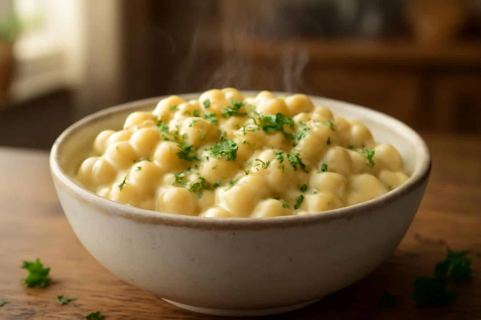 Creamy Panera mac and cheese pasta in a bowl garnished with parsley and black pepper