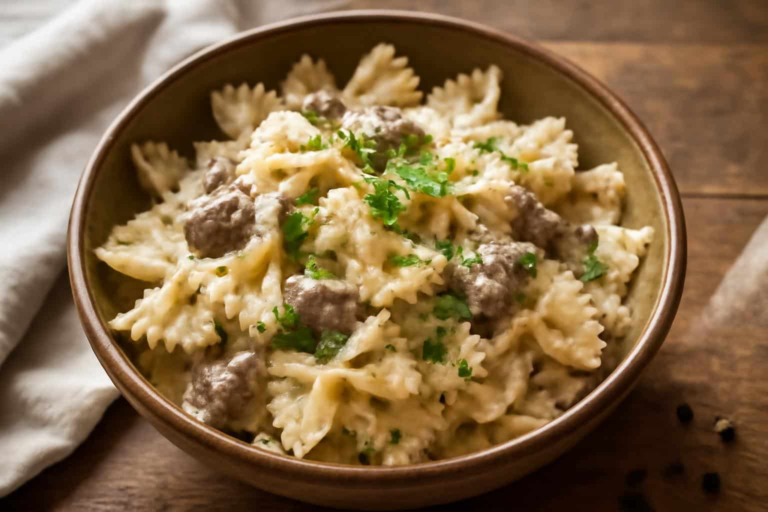 Creamy parmesan garlic beef pasta with bowtie noodles garnished with parsley and parmesan