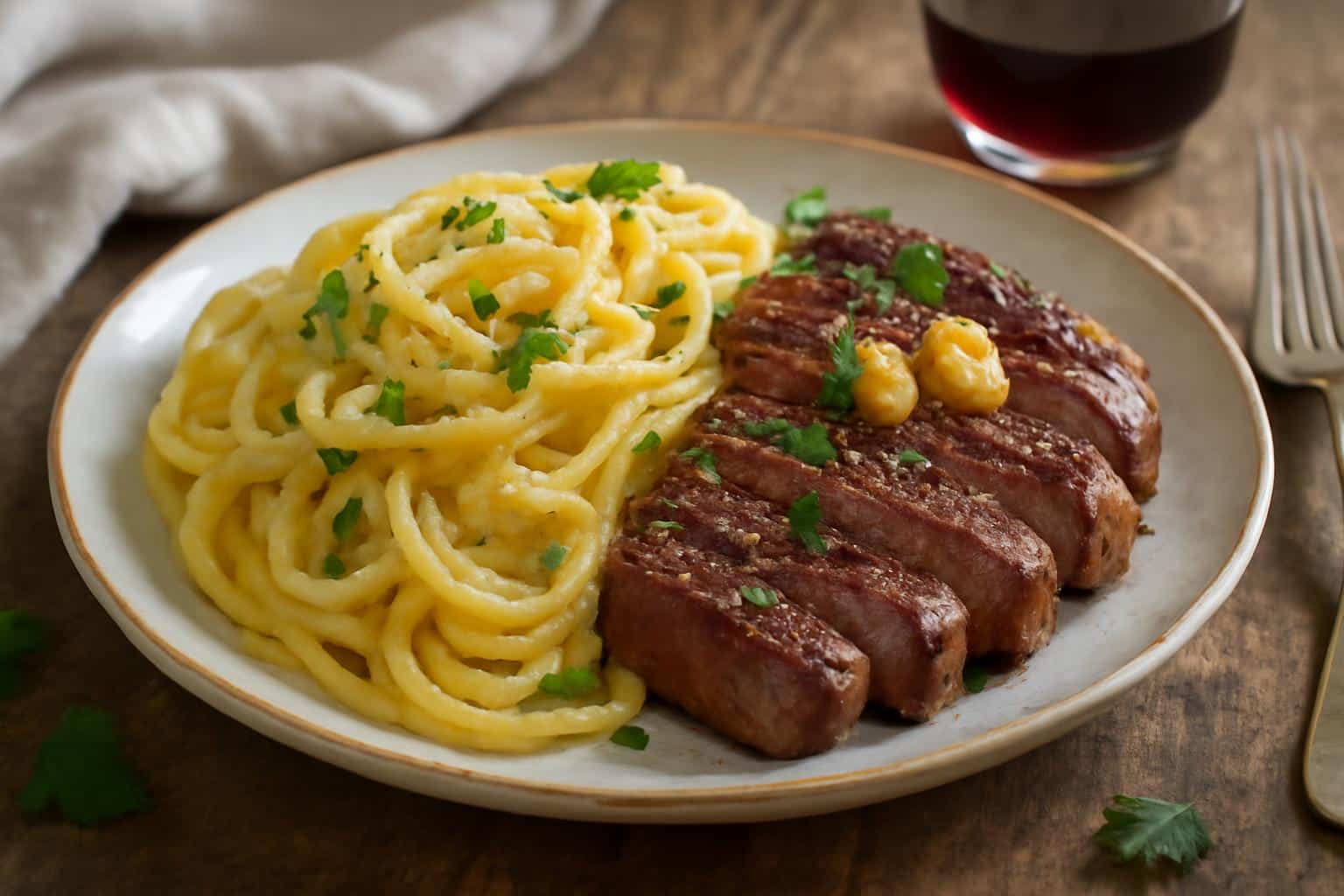 Creamy parmesan pasta with garlic steak plated and garnished with parsley