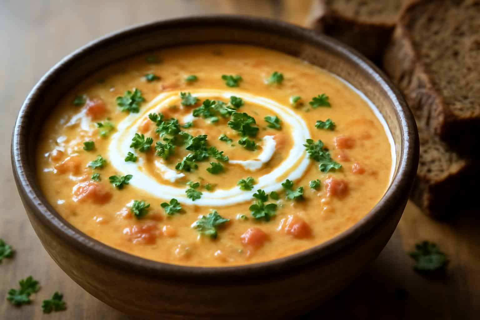 Creamy Reuben soup garnished with parsley and sour cream in rustic bowl, creamy reuben soup