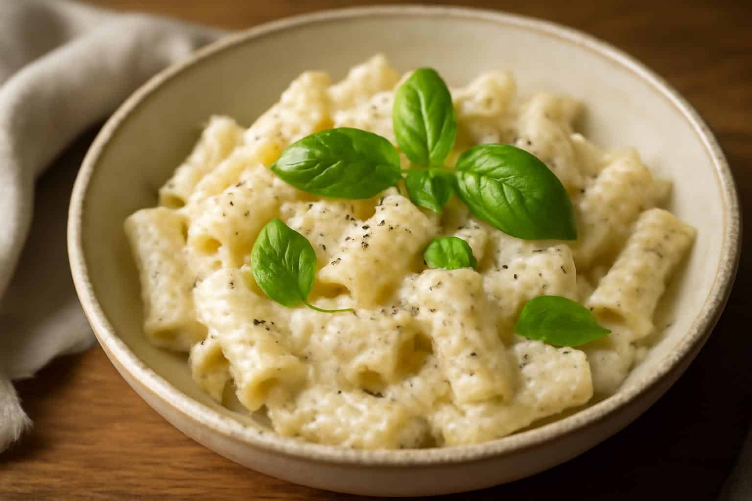 Creamy ricotta pasta served in a white bowl garnished with fresh basil and black pepper