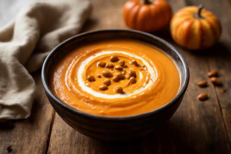 Creamy roasted apple pumpkin soup garnished with cream and toasted seeds in a rustic bowl