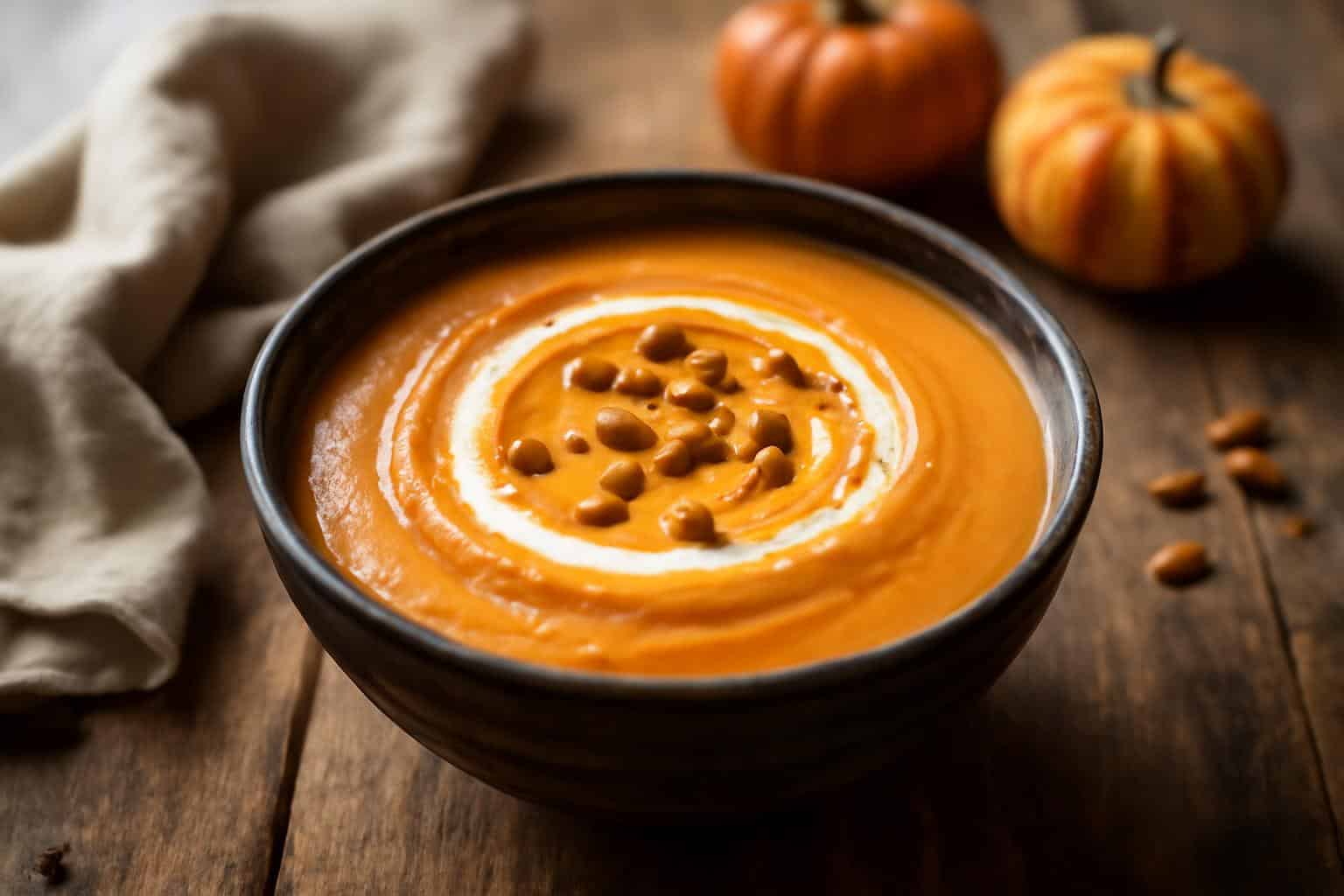 Creamy roasted apple pumpkin soup garnished with cream and toasted seeds in a rustic bowl