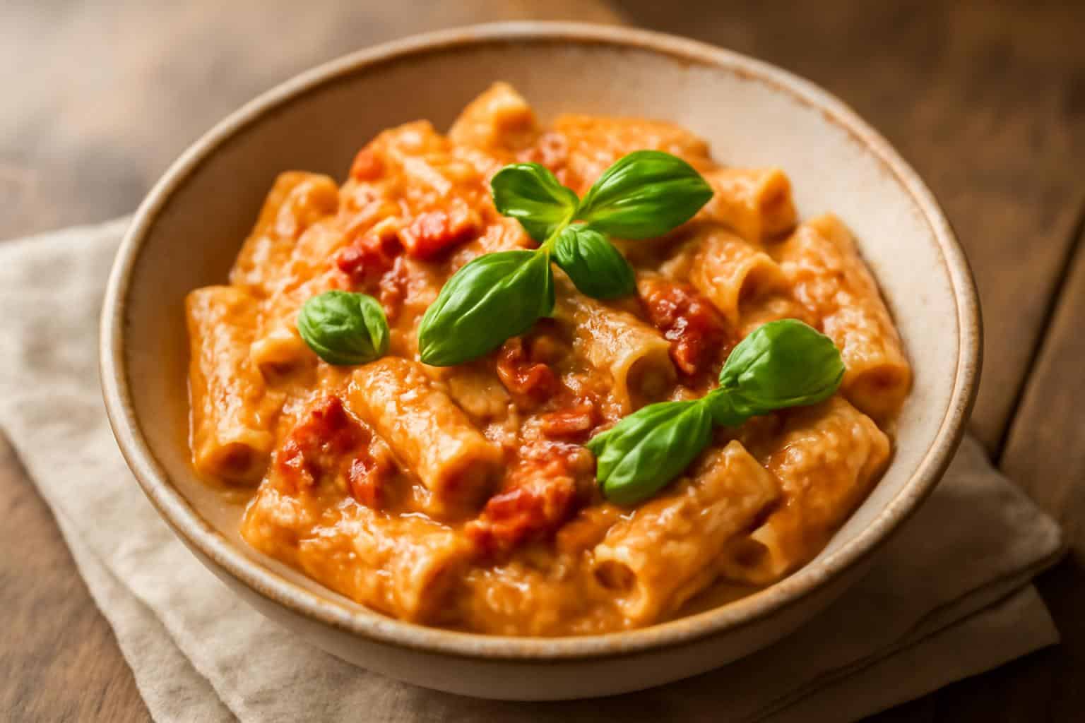 Creamy roasted tomato ricotta pasta garnished with fresh basil and cracked black pepper