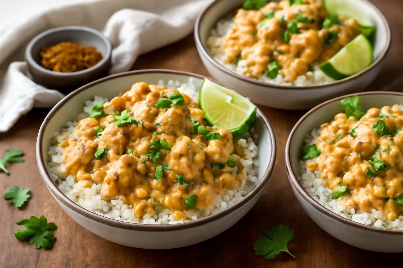 Creamy savory street corn chicken bowls garnished with cilantro and lime wedges
