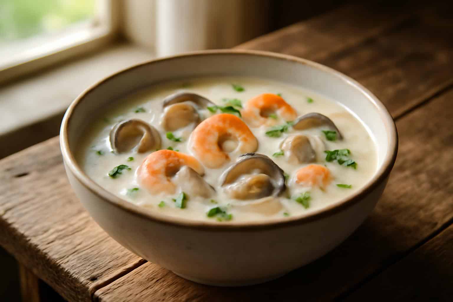 Creamy seafood chowder served in a bowl with shrimp, clams, and parsley garnish