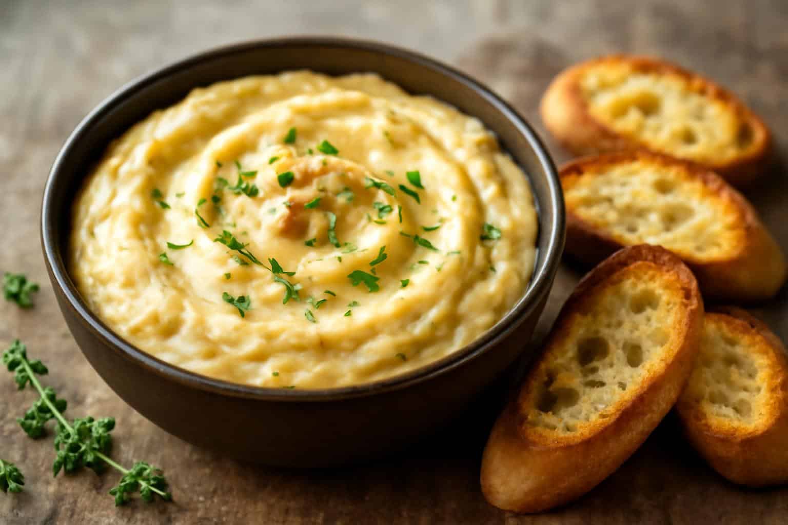 Creamy smoked gouda dip with caramelized onions garnished with thyme and black pepper