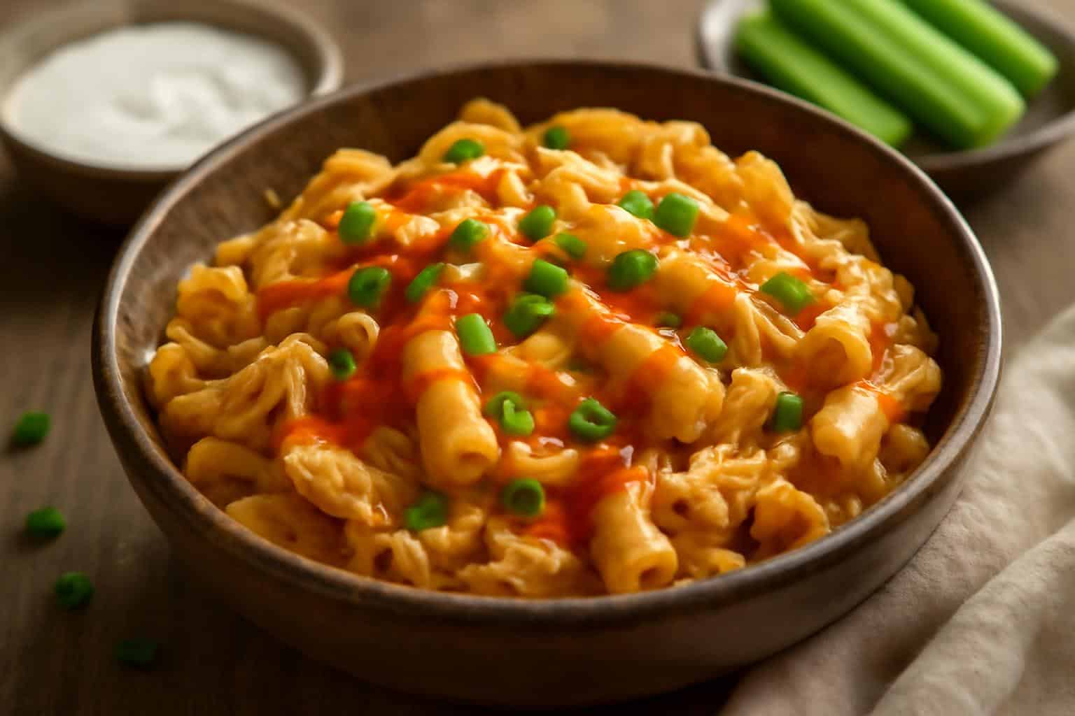 Creamy spicy buffalo chicken pasta served in a bowl with green onions and buffalo sauce