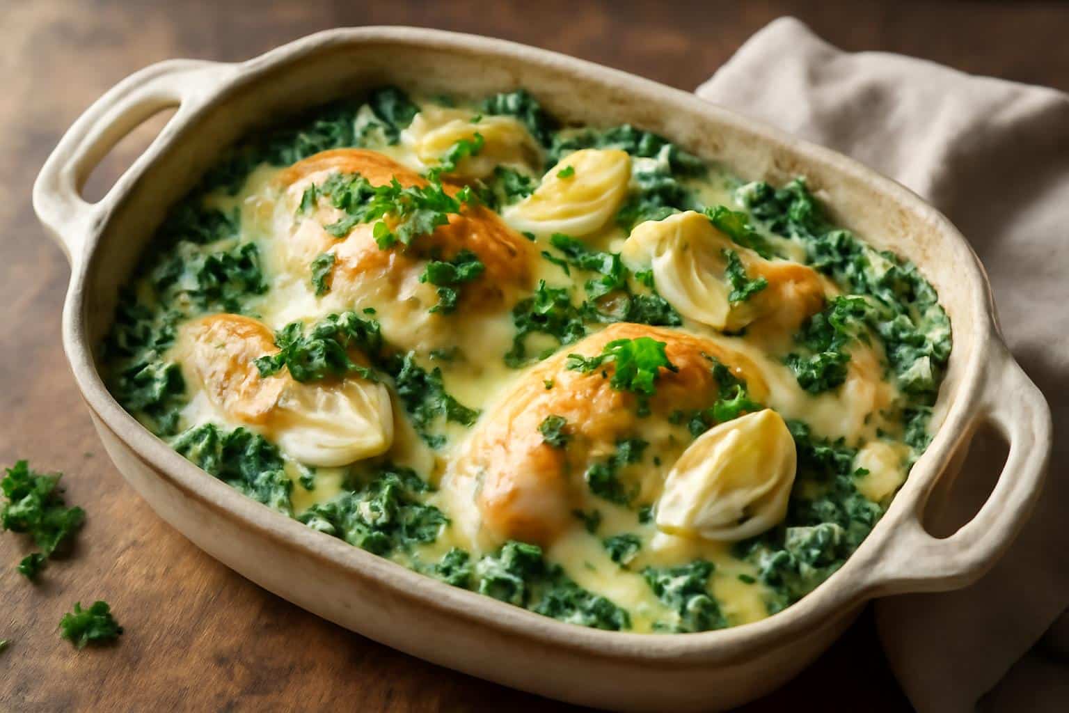 creamy spinach artichoke chicken bake in rustic casserole dish with melted cheese and fresh parsley