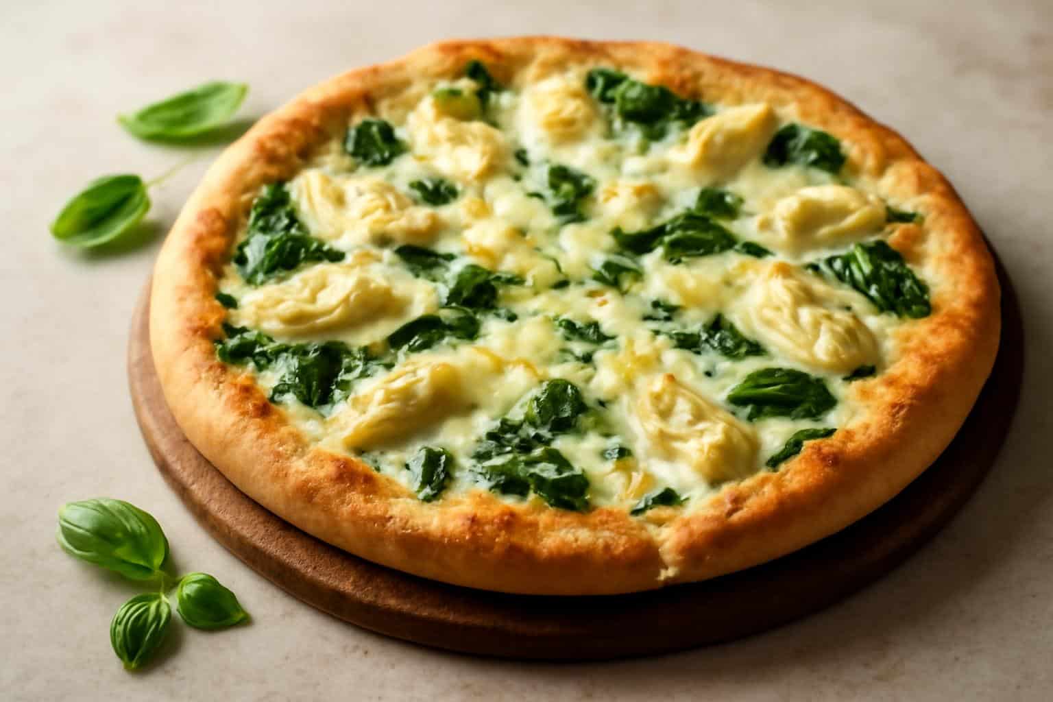 Creamy spinach parmesan pizza topped with artichokes fresh from the oven with melted cheese and crispy crust