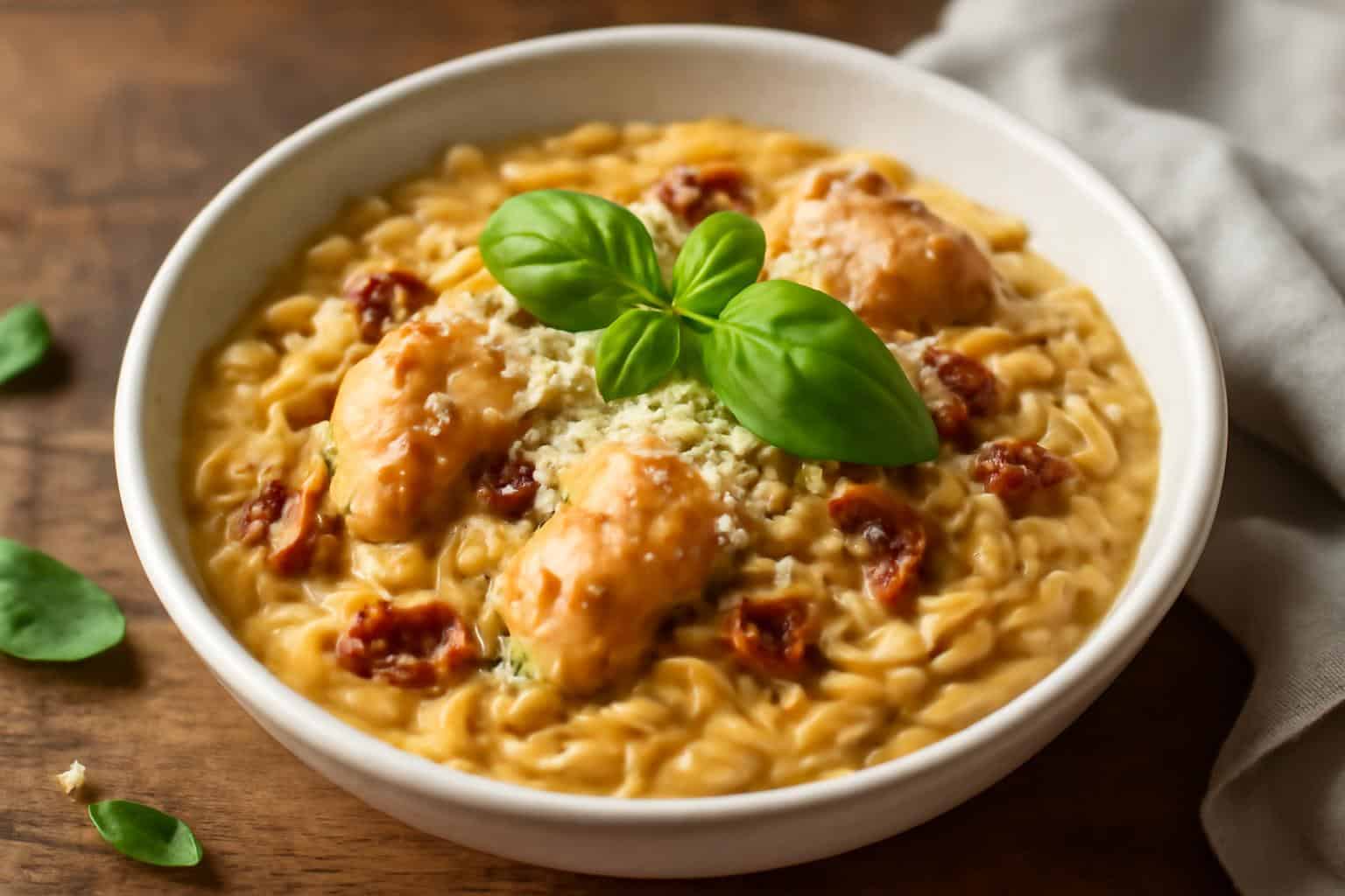 Creamy sun-dried tomato chicken orzo garnished with basil and Parmesan cheese