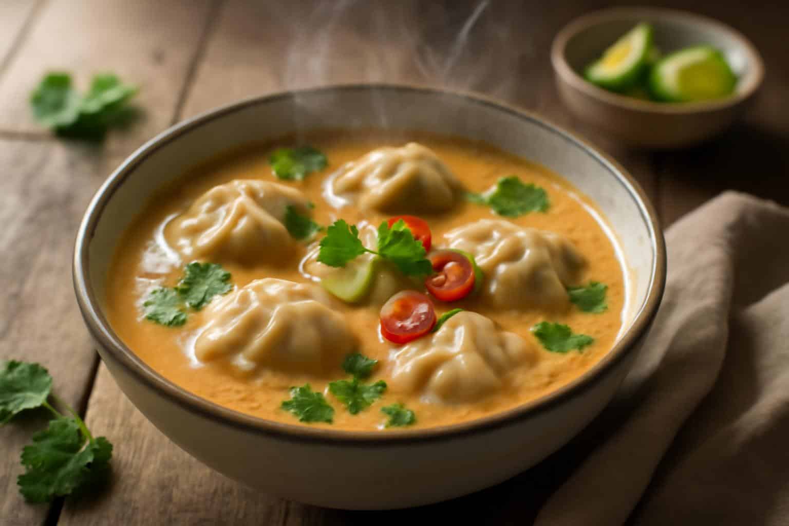 Bowl of creamy thai dumpling soup with dumplings and fresh cilantro garnish