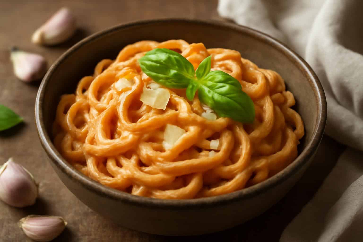 Creamy tomato garlic pasta served in a rustic bowl garnished with fresh basil and Parmesan
