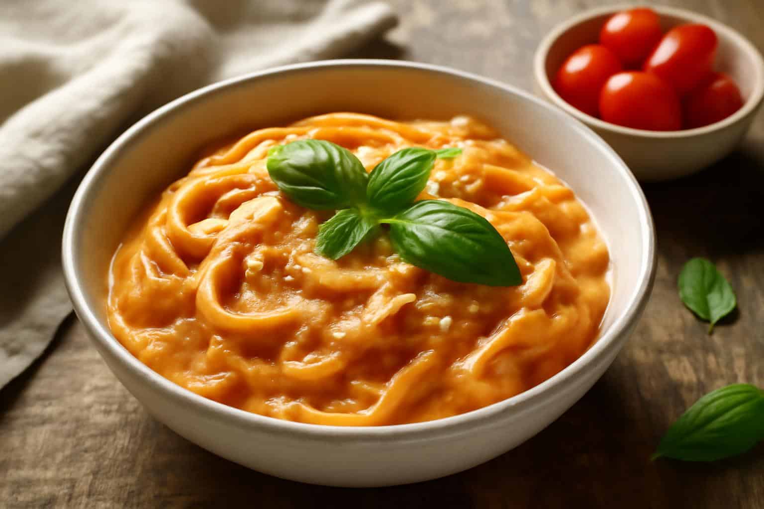 Creamy tomato pasta sauce with cream cheese garnished with fresh basil