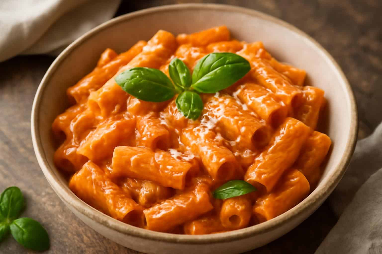 Creamy tomato pasta with roasted garlic garnished with fresh basil and Parmesan