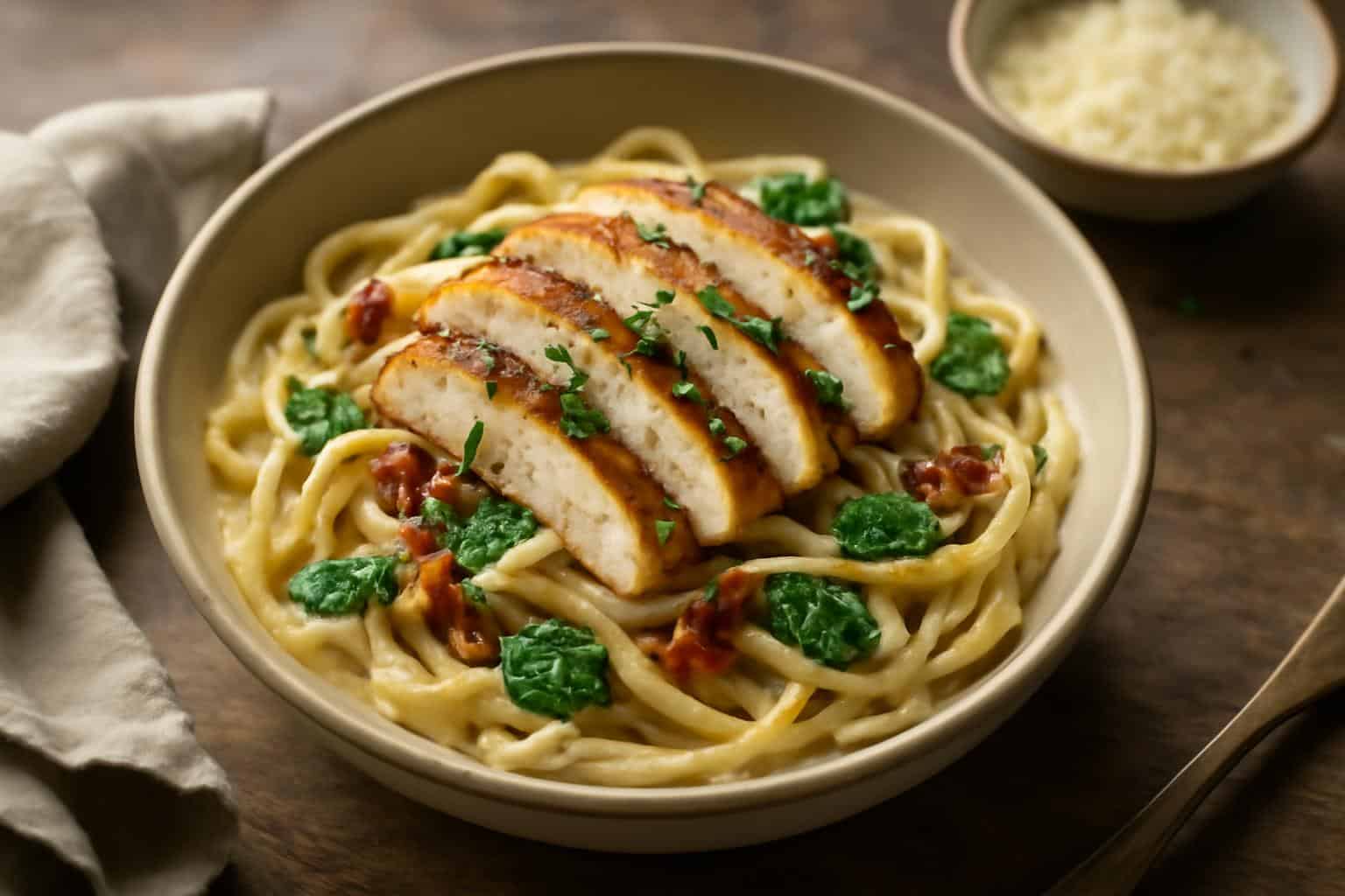 Creamy Tuscan chicken pasta topped with grilled chicken, sun-dried tomatoes, and fresh spinach