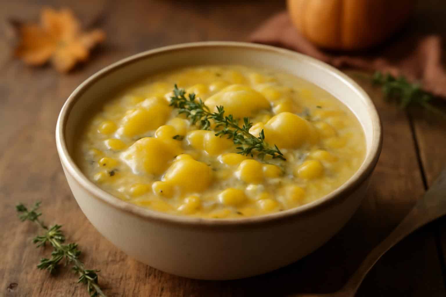 Creamy vegan corn chowder with hearty potatoes and fresh thyme garnish in a rustic bowl