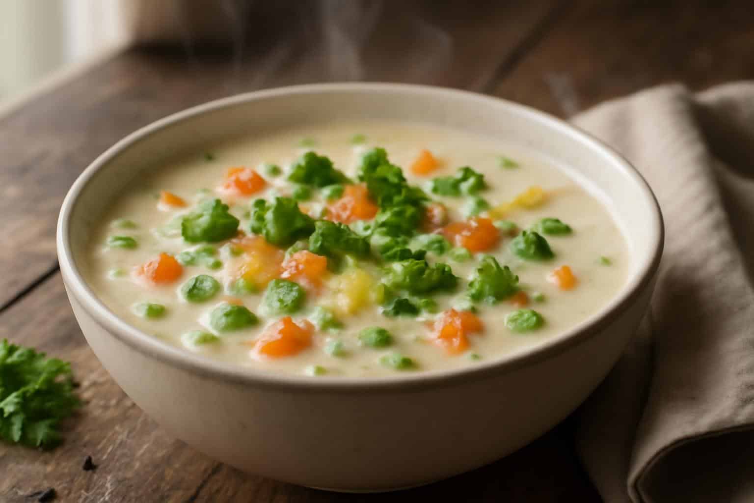 A bowl of creamy vegetable soup garnished with parsley and black pepper