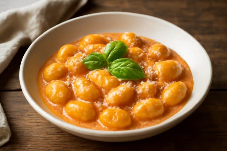 Creamy vodka gnocchi in white bowl garnished with fresh basil and Parmesan cheese