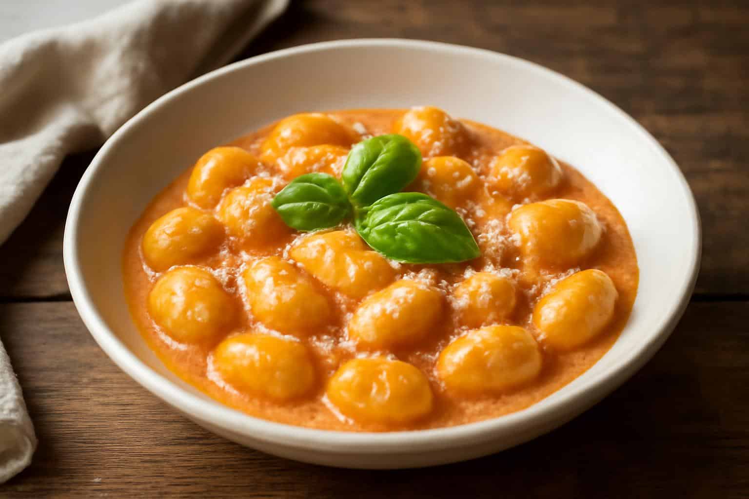 Creamy vodka gnocchi in white bowl garnished with fresh basil and Parmesan cheese