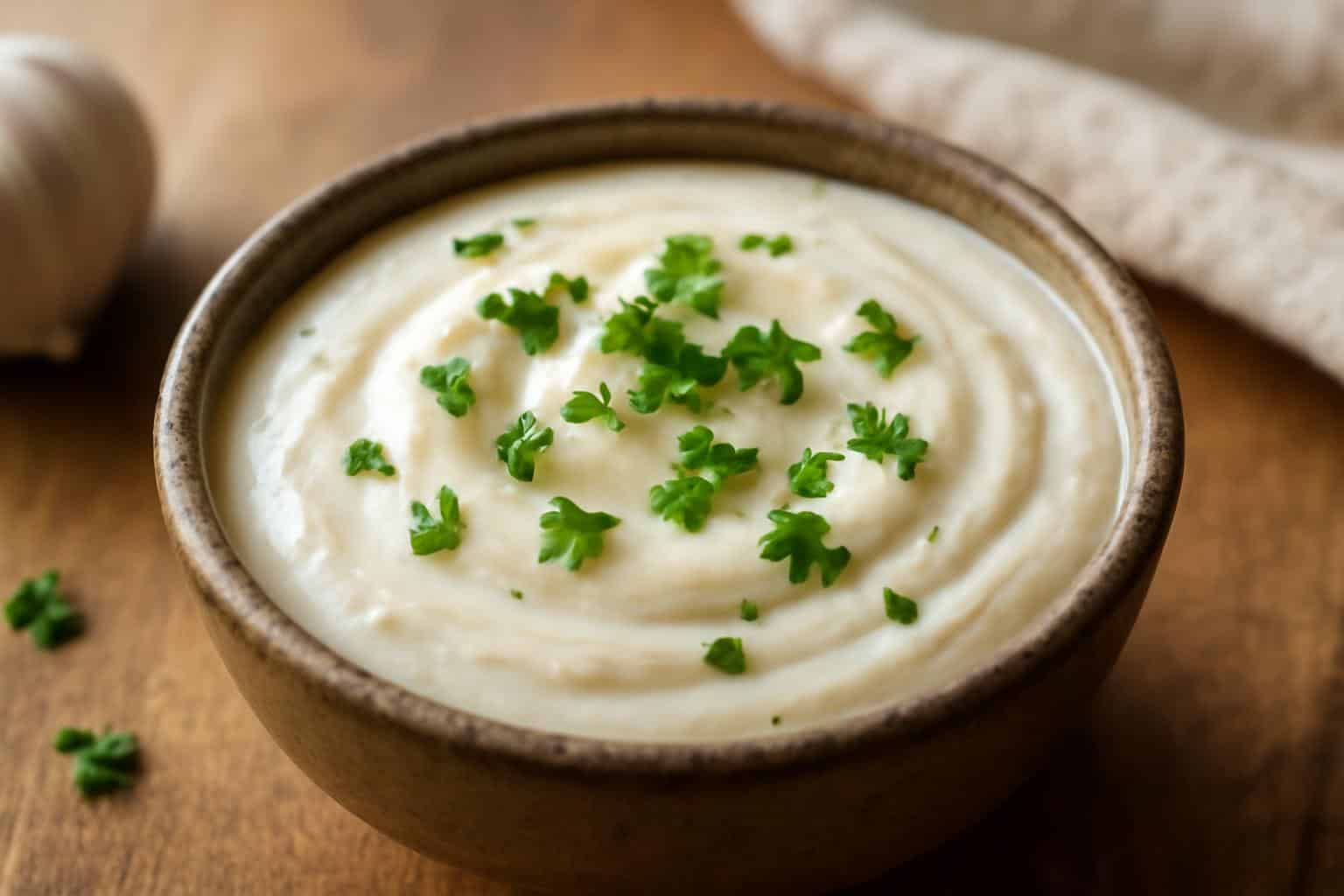 Creamy white garlic pizza sauce in a rustic bowl with fresh parsley garnish