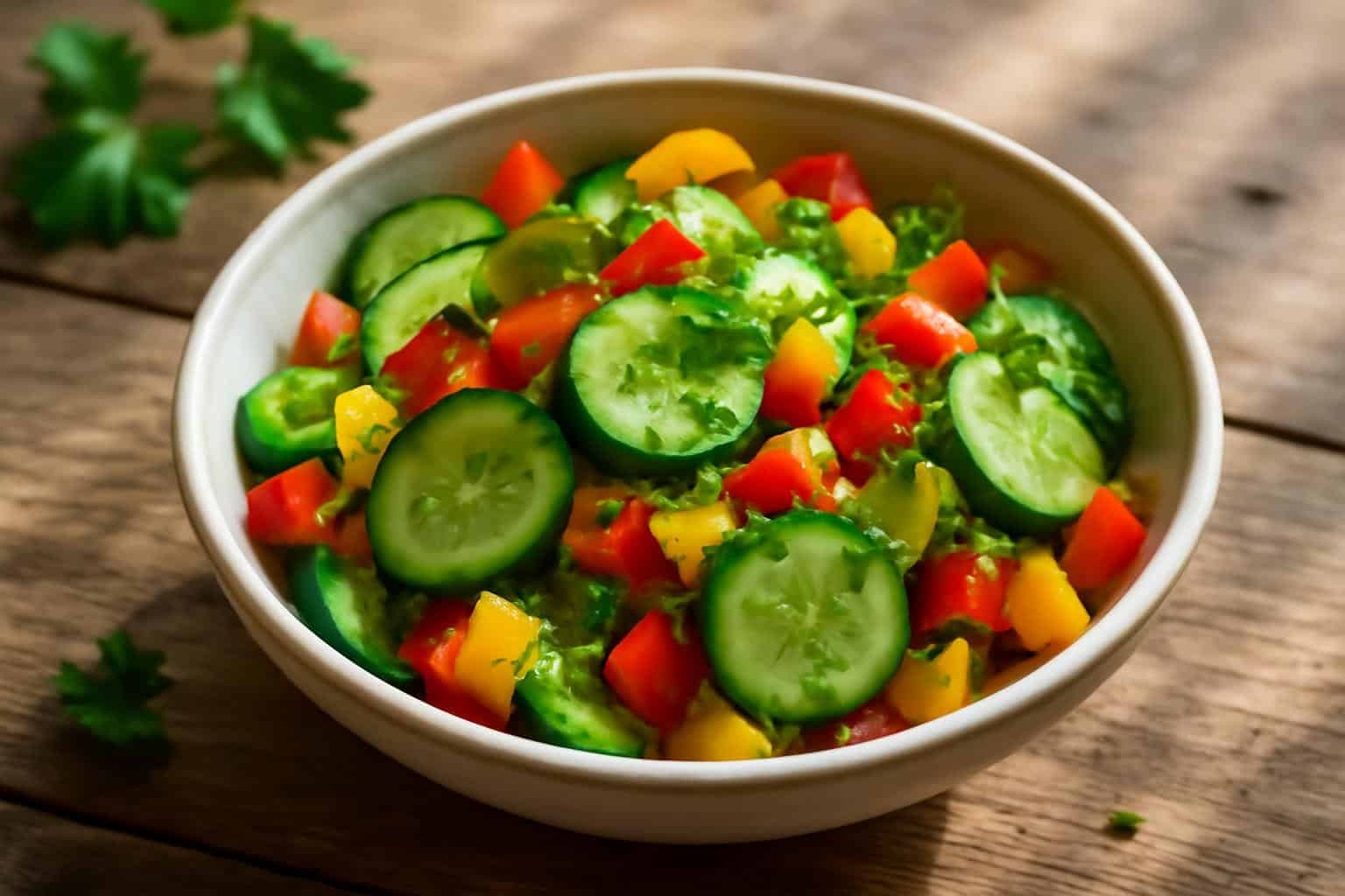 Crisp cucumber sweet pepper salad in a bowl garnished with fresh herbs