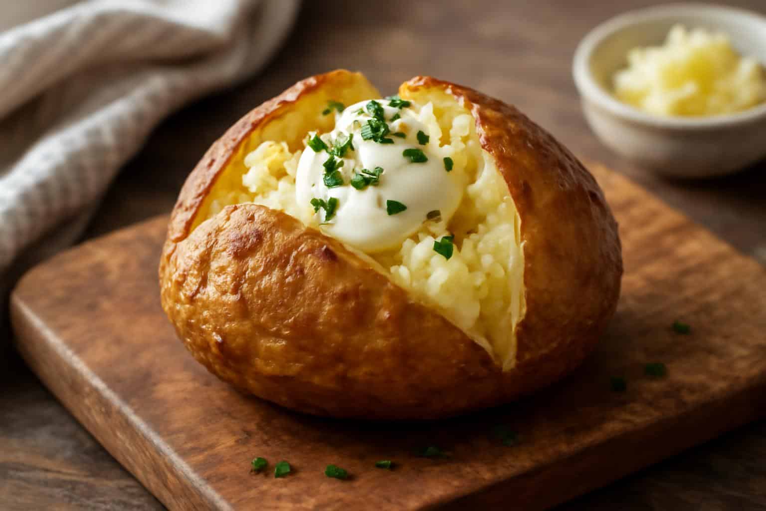 Crispy air fryer baked potatoes with fluffy inside garnished with chives and sour cream