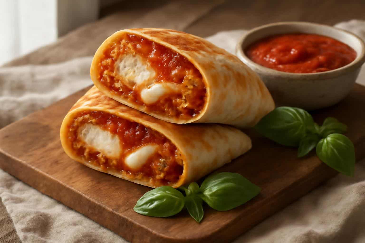 crispy air fryer chicken wraps with melted mozzarella and fresh basil garnish
