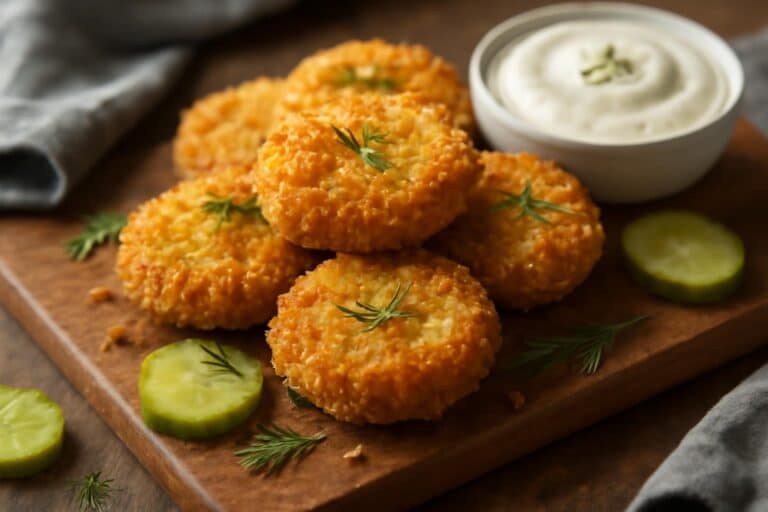 Crispy air fryer fried pickles on a wooden board with ranch dip, showcasing crunchy golden coating
