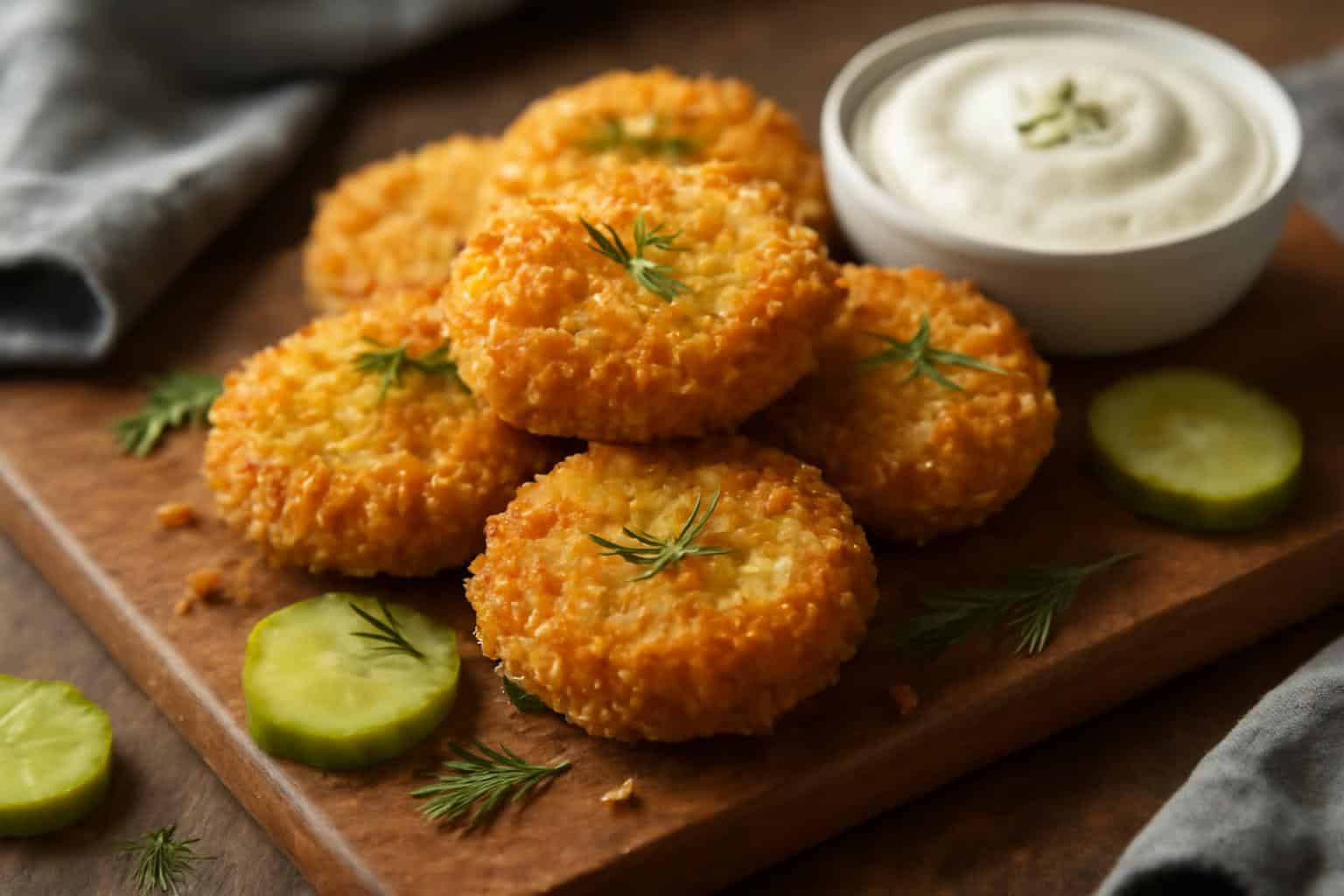 Crispy air fryer fried pickles on a wooden board with ranch dip, showcasing crunchy golden coating