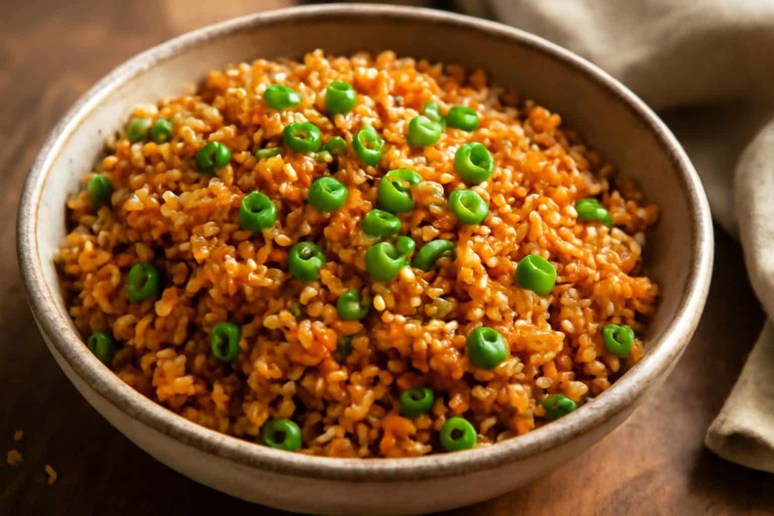 Crispy air fryer fried rice garnished with green onions and sesame seeds in a rustic bowl