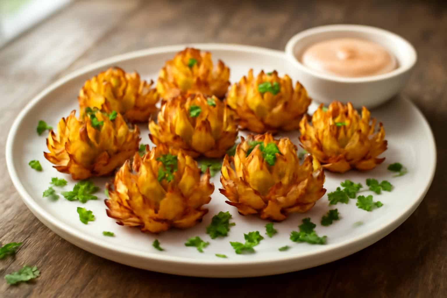 Crispy air fryer blooming onions served on a plate with parsley garnish