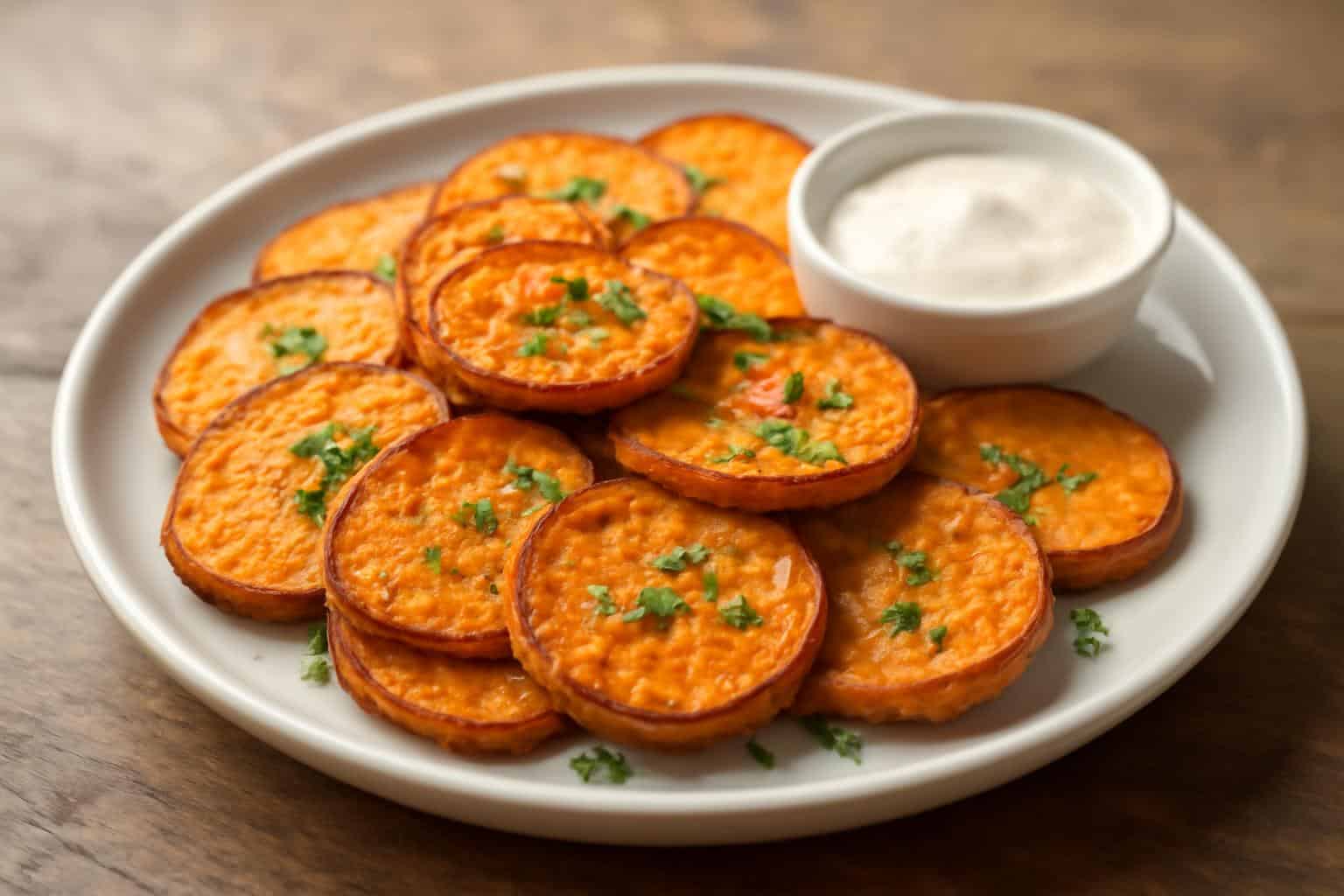 Golden crispy air fryer sweet potato slices garnished with parsley on a rustic plate
