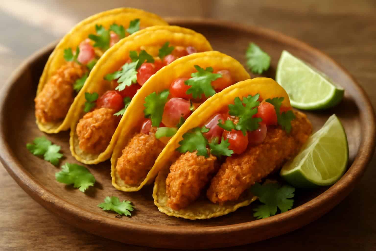 crispy baked chicken tacos on rustic plate garnished with cilantro and lime wedges