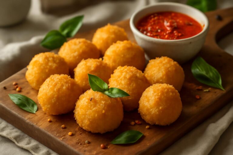 Golden crispy burrata bites with spicy dipping sauce garnished with basil leaves
